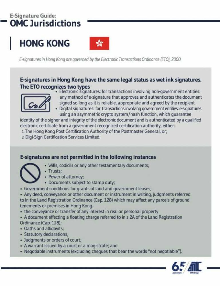 E-Signatures in the age of Covid-19 and beyond 6 Hong Kong - E-Signature Guide OMC Group Jurisdictions