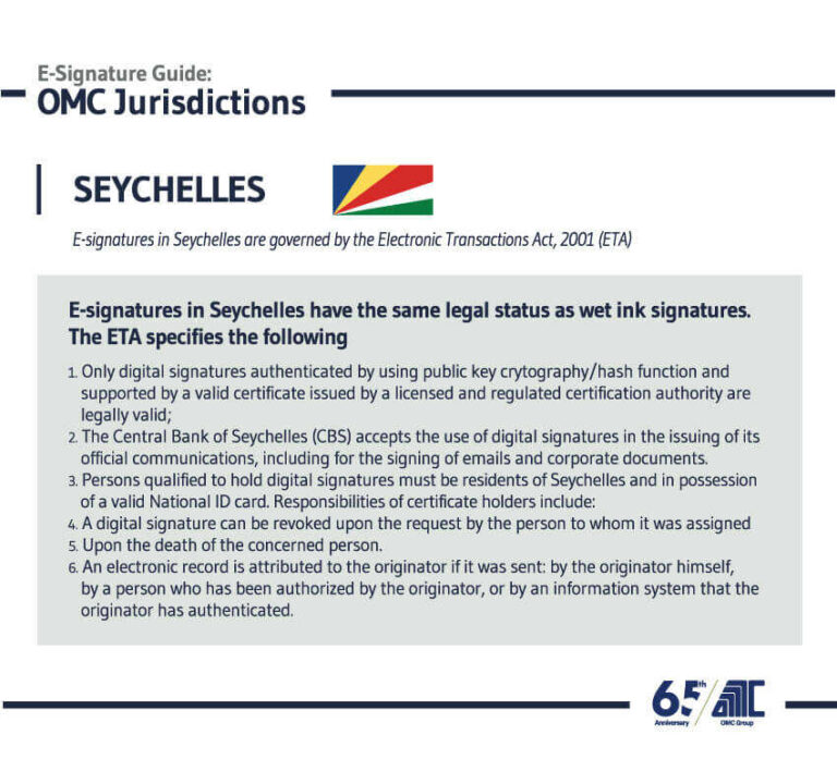 E-Signatures in the age of Covid-19 and beyond 5 Seychelles - E-Signature Guide OMC Group Jurisdictions